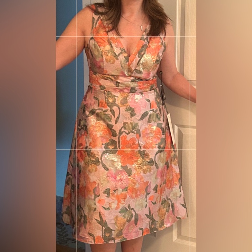 Adrianna Papell Metallic Pink, Yellow a d Orange Pleated A-line Midi Dress